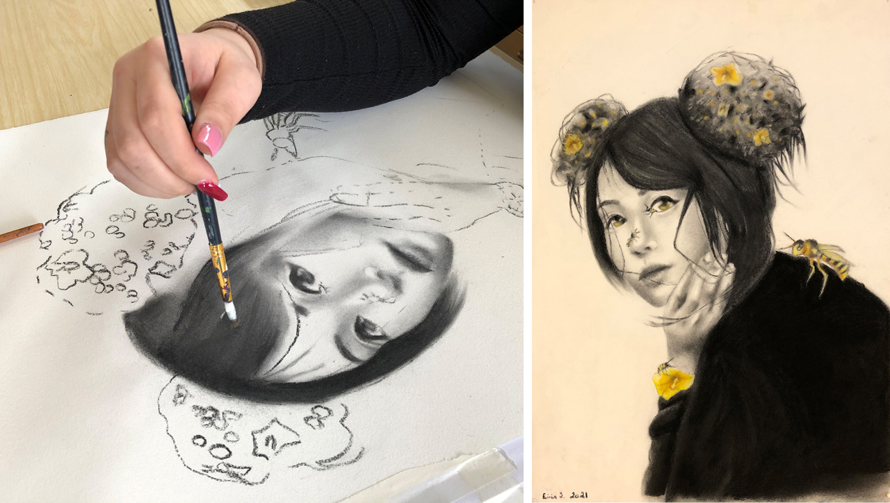 Surrealistisk kullportrett i svart og gult utført av elev.