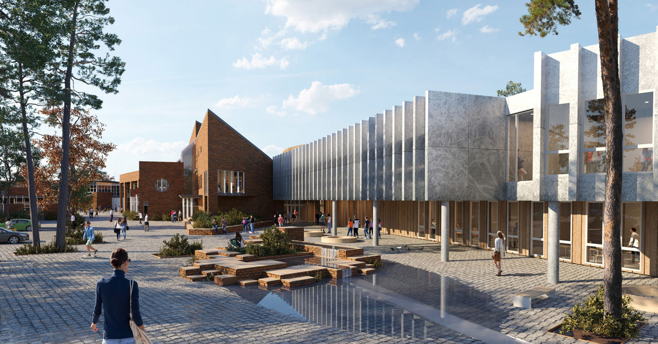 Illustrasjonsbilete av skulebygningen på avd. Mo, og eit interiørfoto frå Førde vgs. Det er også eit foto av skulebygningen i Førde sentrum, til Førde vgs. Foto: LINK arkitektur